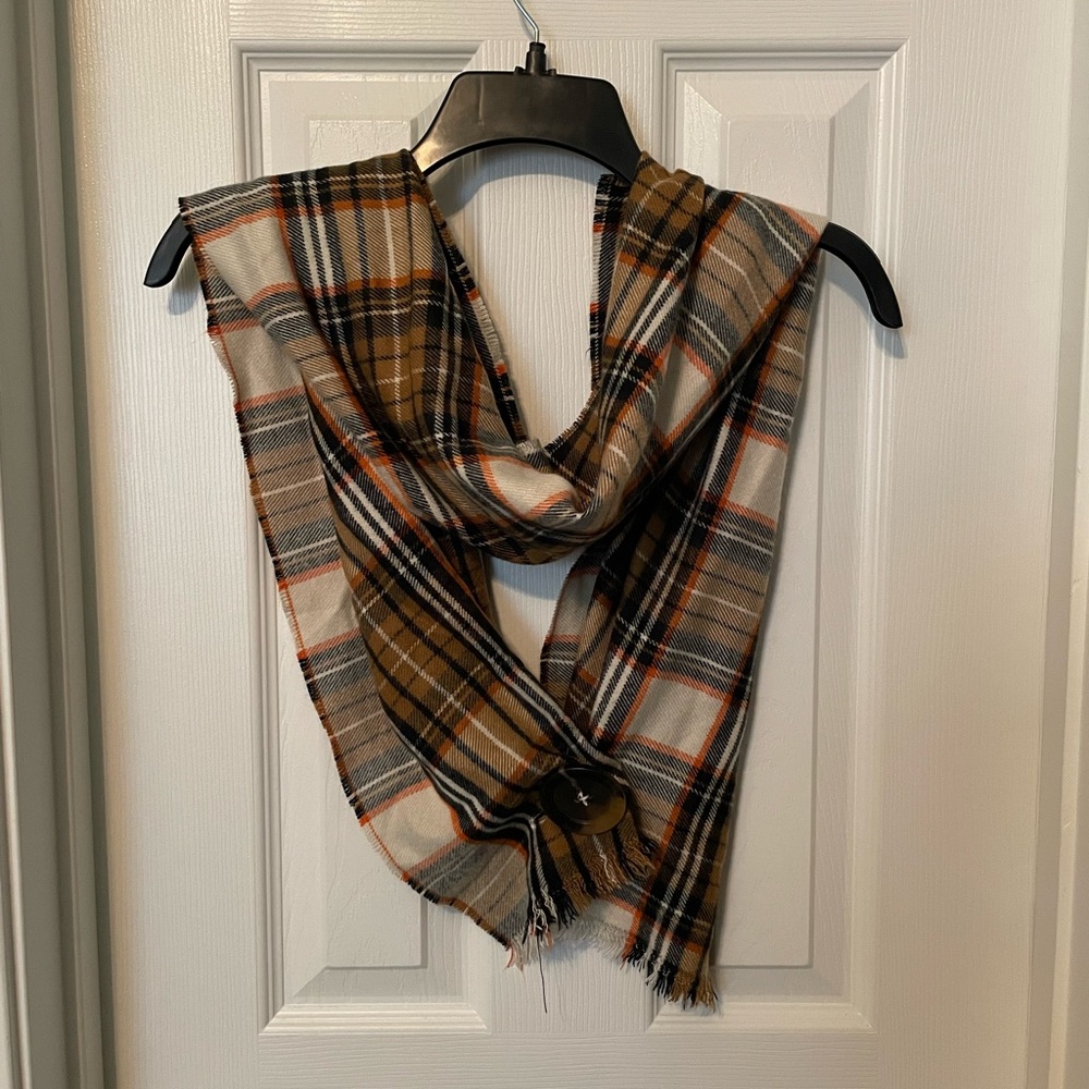 Orange, brown, and black Plaid Scarf with Tortoise Shell Button Accent. - Picture 1 of 4